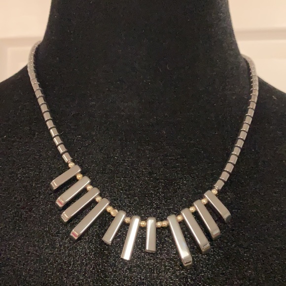 Charcoal /silver colored heavy beaded necklace with large matching earrings - Picture 2 of 10